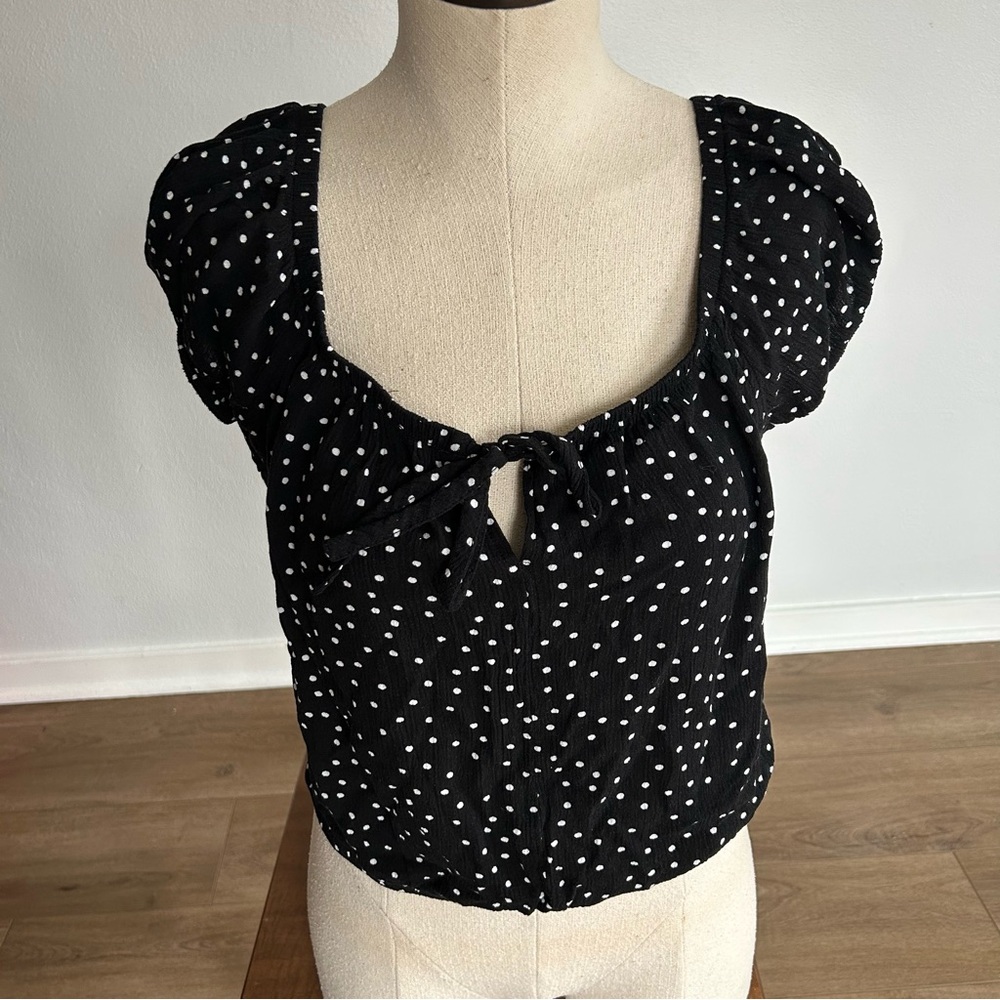 black polka dot milkmaid blouse Womens L Puff Sleeve Crop Top Romantic feminine